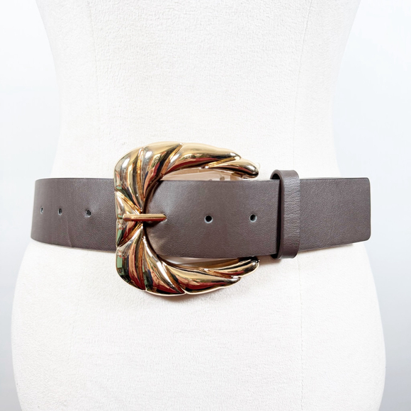 Zara Wide Statement Belt Brown Faux Leather Artsy Gold Tone Buckle Boho Size M - Picture 3 of 9